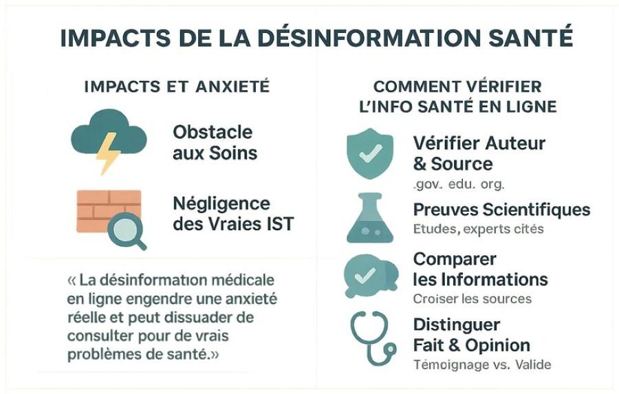 Schéma explicatif de la maladie blue waffle et de l'impact de la désinformation santé