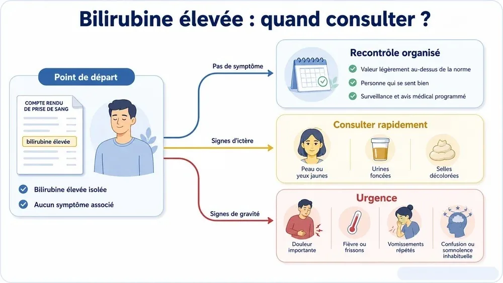 Arbre de décision face à une bilirubine élevée isolée : sans symptôme, recontrôle organisé avec surveillance médicale ; signes d'ictère avec peau ou yeux jaunes, urines foncées et selles décolorées, consulter rapidement ; signes de gravité comme douleur importante, fièvre, vomissements répétés ou confusion, urgence.