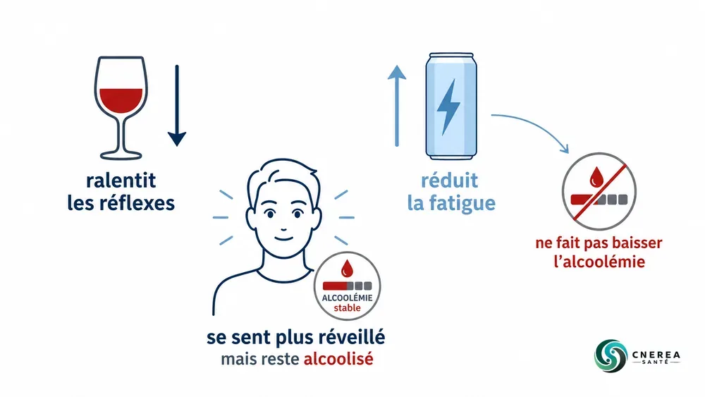 Montrer que l’alcool ralentit et la caféine stimule, que la sensation change mais que l’alcool est toujours là.
