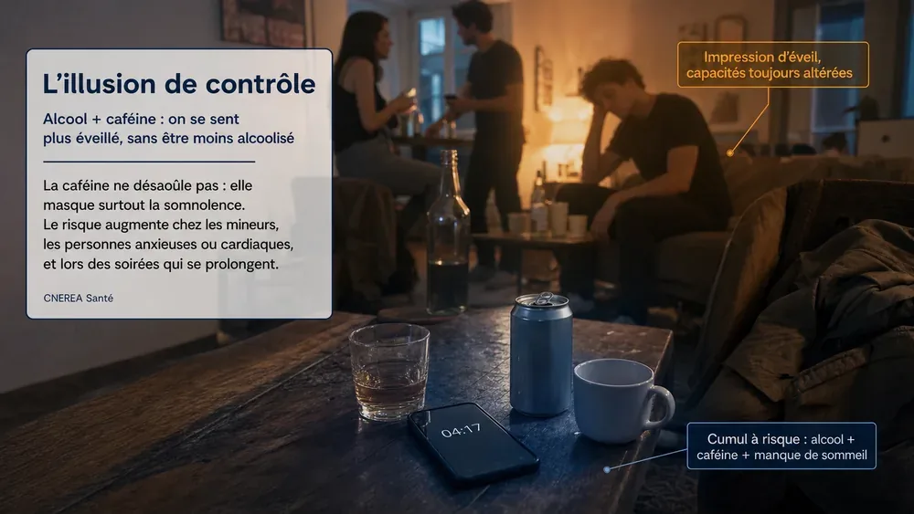 Visuel annoté de profils et situations à risque : mineurs, personnes anxieuses, cardiovasculaires, soirée prolongée, cumul café + alcool + manque de sommeil.