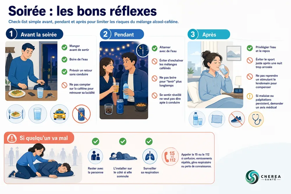 Check-list visuelle des choses à faire et à éviter avant, pendant et après une soirée.