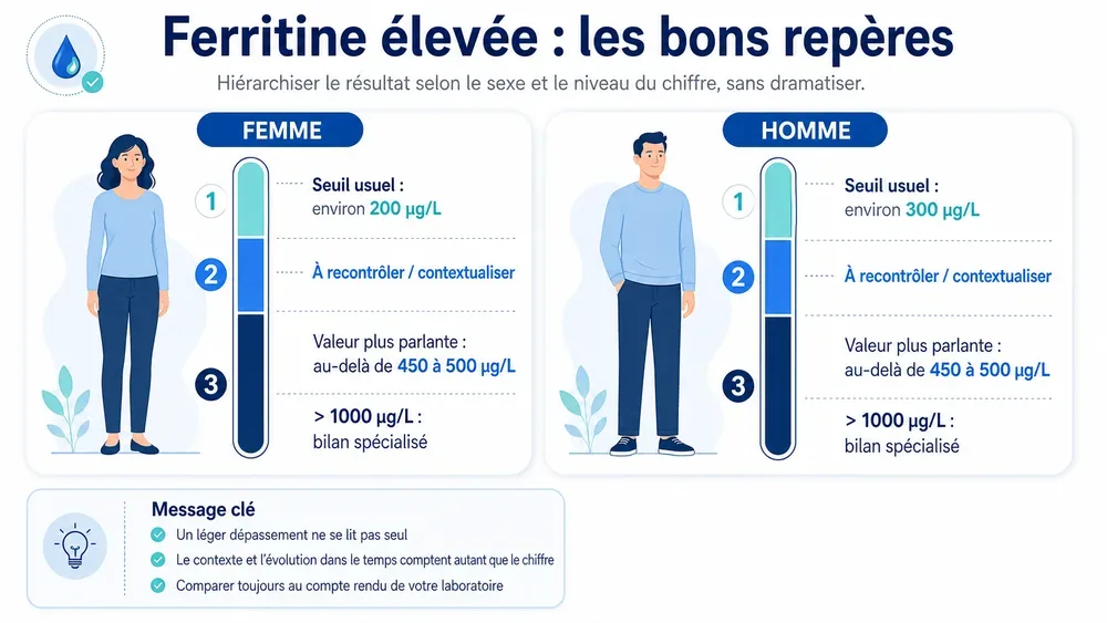Ferritine élevée : les bons repères. Hiérarchiser le résultat selon le sexe et le niveau du chiffre, sans dramatiser