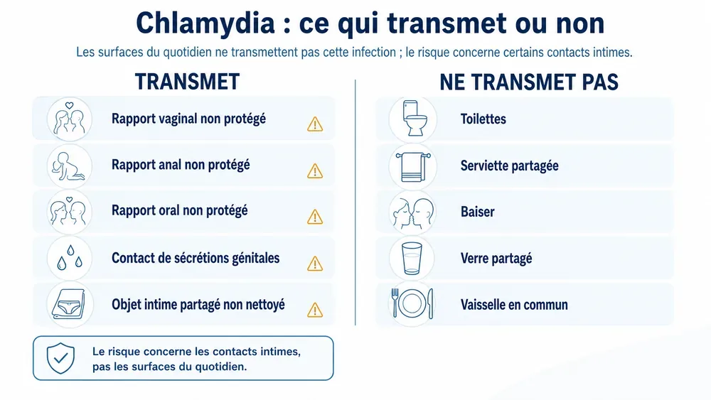 Chlamydia : ce qui transmet ou non. Comparatif visuel des situations à risque et des faux risques du quotidien