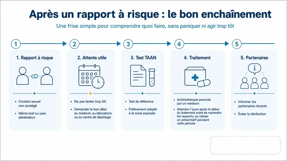 Du risque au bon réflexe. Le parcours simple après un contact sexuel à risque : attendre utilement, tester, traiter, prévenir