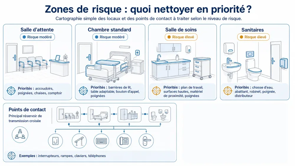 Cartographie des zones de risque en établissement de santé, avec les surfaces prioritaires à nettoyer selon chaque local