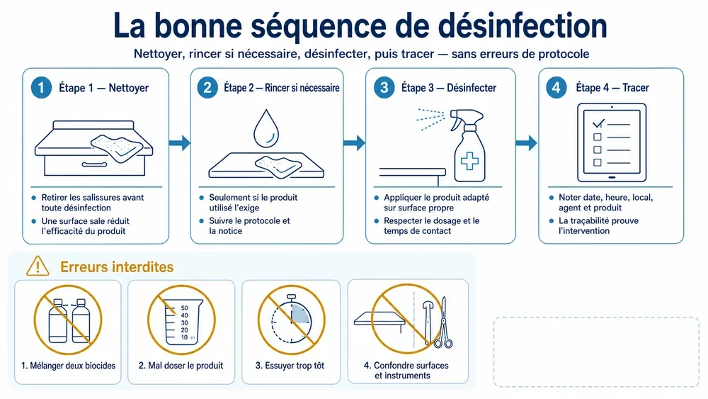 La bonne séquence de désinfection : nettoyer, rincer si nécessaire, désinfecter, puis tracer, sans erreurs de protocole