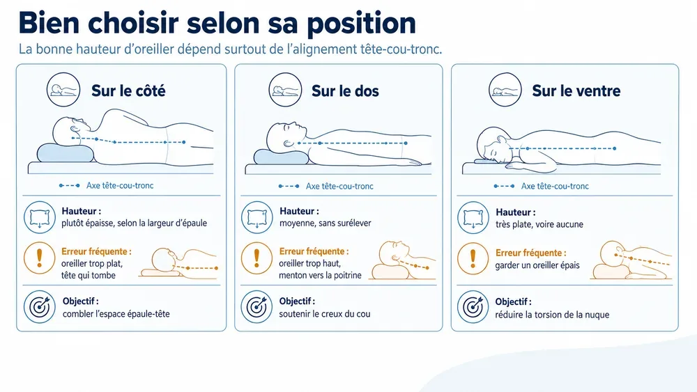 Bien choisir selon sa position : la bonne hauteur d’oreiller dépend surtout de l’alignement tête-cou-tronc.