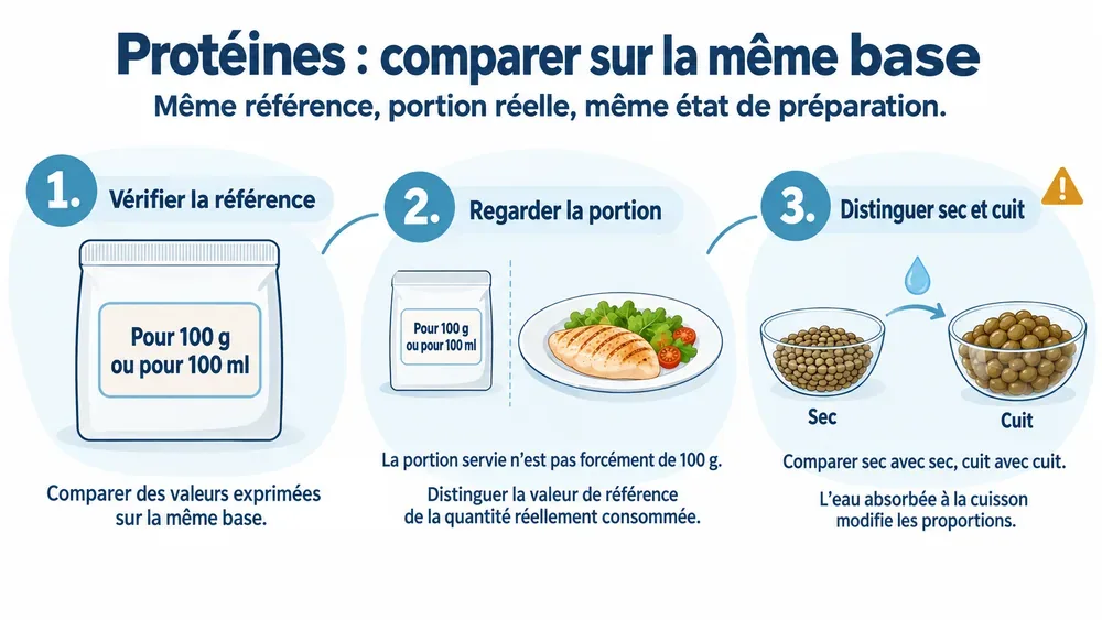 Protéines : comparer sur la même base. Même référence, portion réelle, même état de préparation.