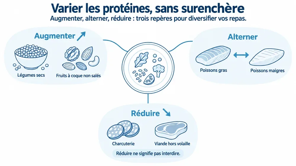 Varier les protéines, sans surenchère. Augmenter, alterner, réduire : trois repères pour diversifier vos repas.