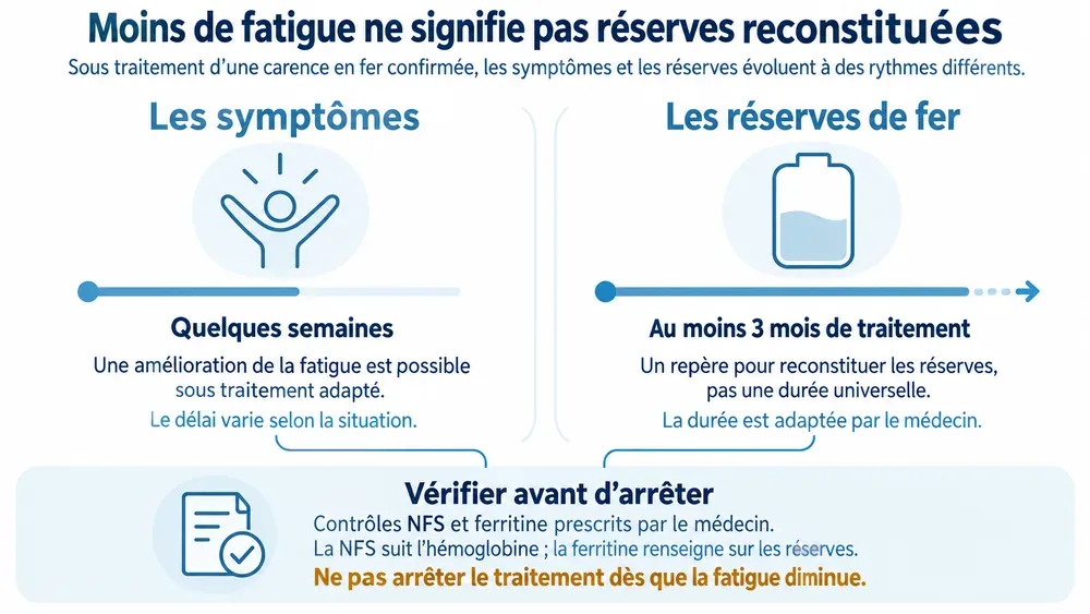 Moins de fatigue ne signifie pas réserves reconstituées : sous traitement d’une carence en fer confirmée, les symptômes et les réserves évoluent à des rythmes différents.