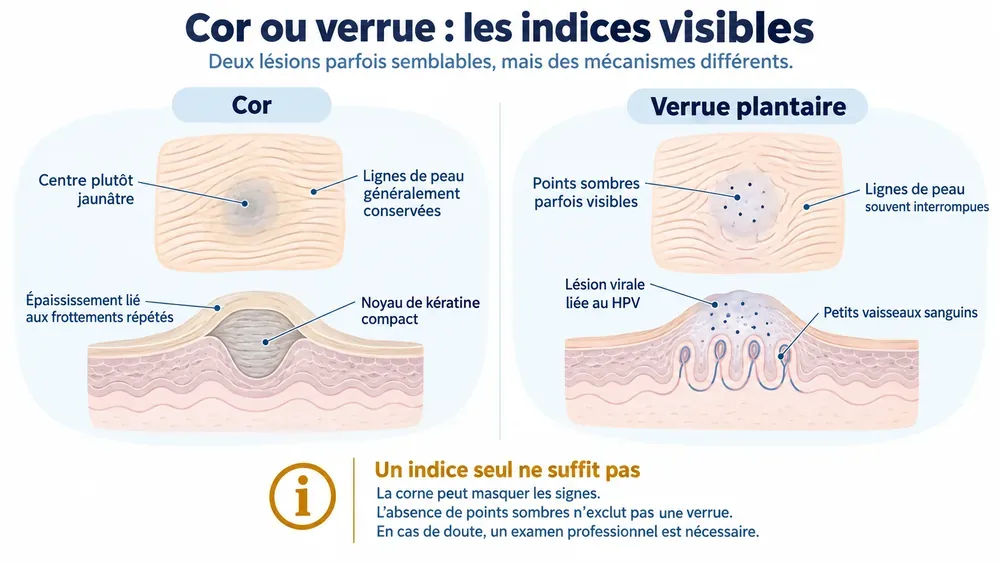 Cor ou verrue : les indices visibles. Deux lésions parfois semblables, mais des mécanismes différents.