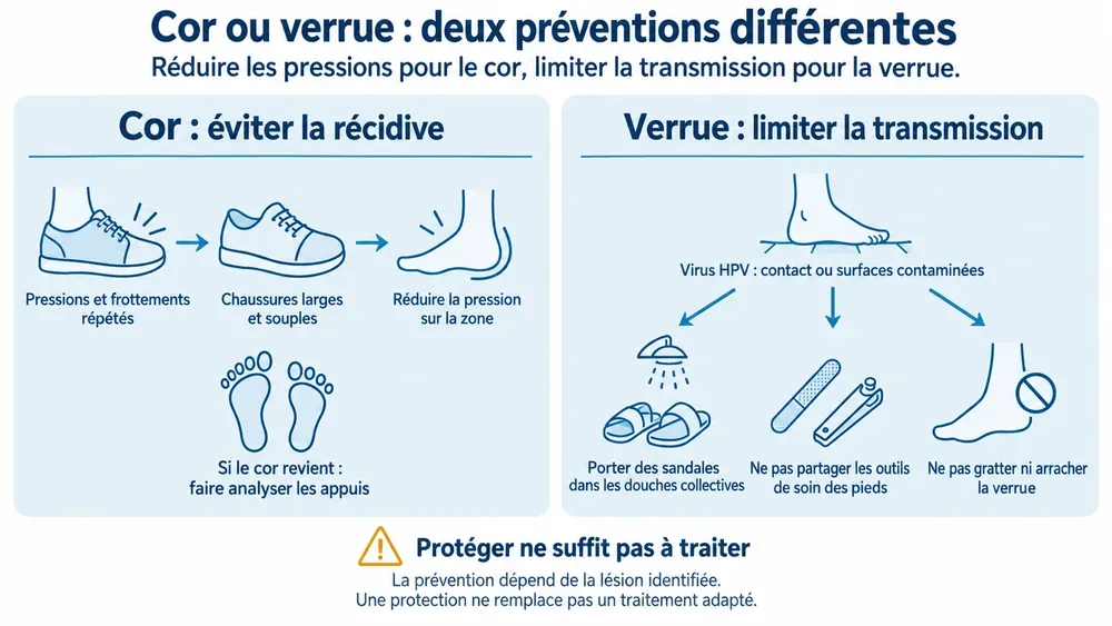 Cor ou verrue : deux préventions différentes. Réduire les pressions pour le cor, limiter la transmission pour la verrue.