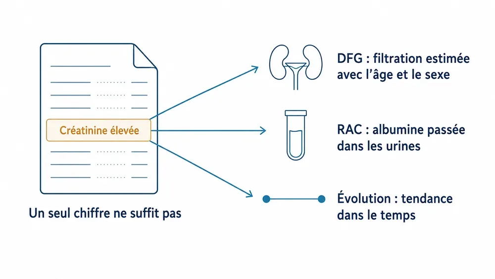 Créatinine élevée : lire les trois repères autour du chiffre. Le DFG, le RAC et l’évolution donnent le sens du résultat.
