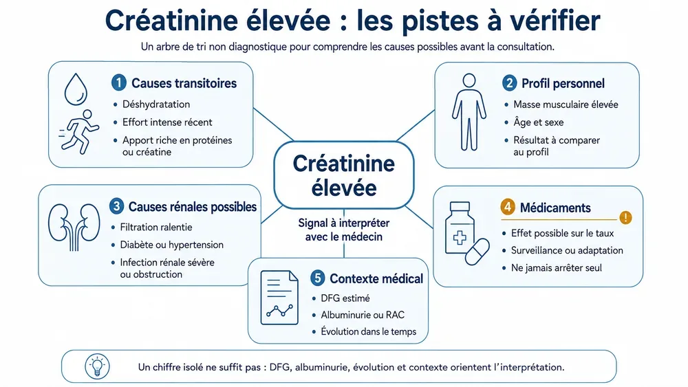 Créatinine élevée : les pistes à vérifier. Un arbre de tri non diagnostique pour comprendre les causes possibles avant la consultation.