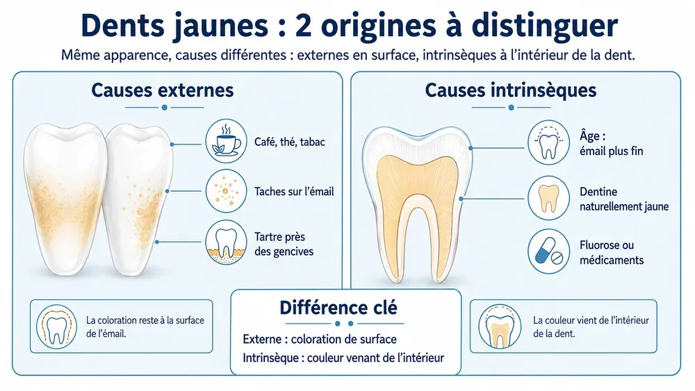 Dents jaunes : 2 origines à distinguer. Même apparence, causes différentes : externes en surface, intrinsèques à l’intérieur de la dent.