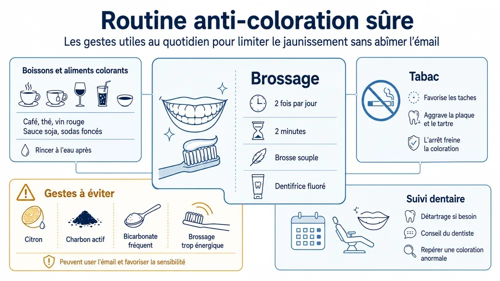 Routine anti-coloration sûre : les gestes utiles au quotidien pour limiter le jaunissement sans abîmer l’émail
