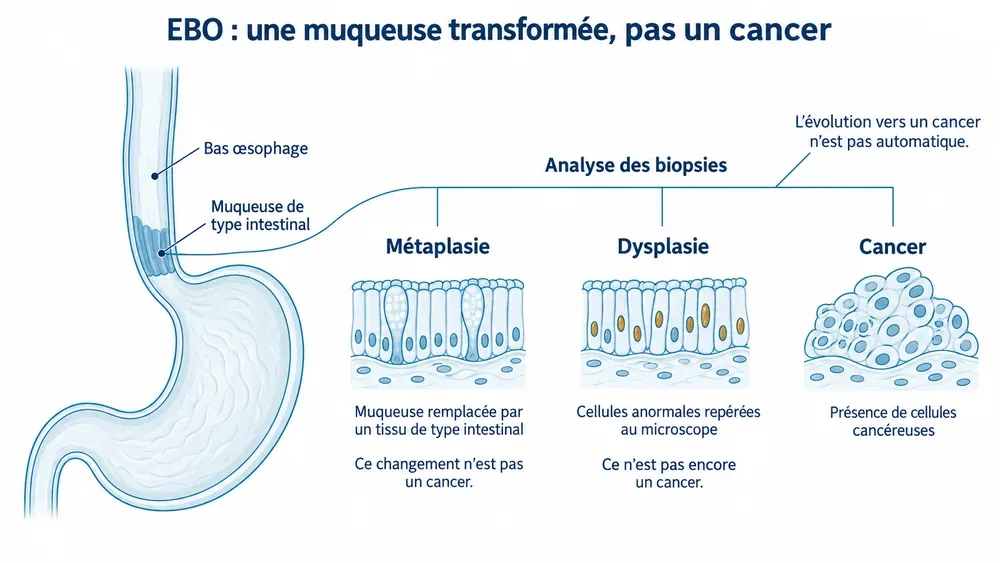 EBO : une muqueuse transformée, pas un cancer : les biopsies distinguent la métaplasie, la dysplasie et le cancer.