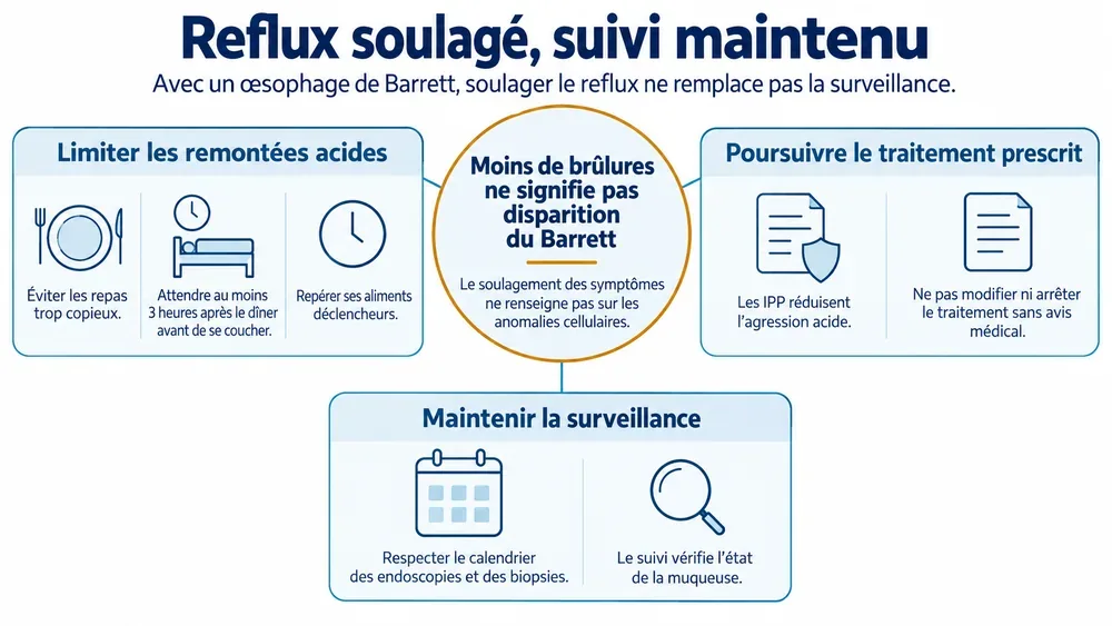 Reflux soulagé, suivi maintenu : avec un œsophage de Barrett, soulager le reflux ne remplace pas la surveillance.
