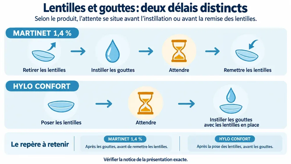 Lentilles et gouttes : deux délais distincts. Selon le produit, l’attente se situe avant l’instillation ou avant la remise des lentilles.