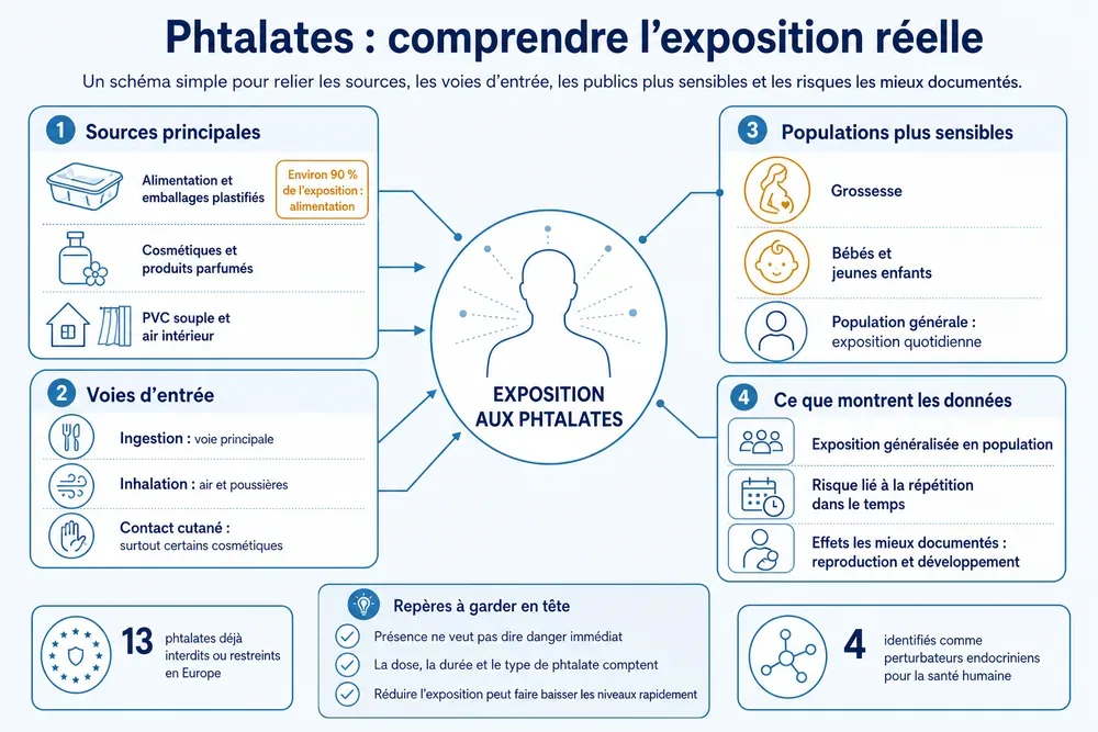 Phtalates : comprendre l’exposition réelle. Un schéma simple pour relier les sources, les voies d’entrée, les publics plus sensibles et les risques les mieux documentés.