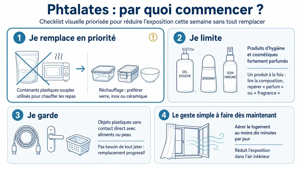 Phtalates : par quoi commencer ?. Checklist visuelle priorisée pour réduire l’exposition cette semaine sans tout remplacer