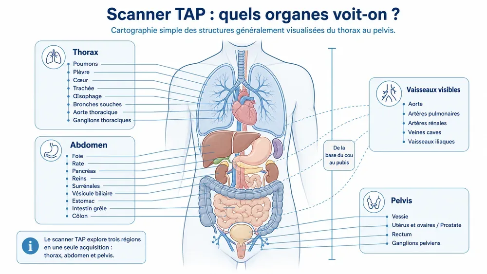 Scanner TAP : quels organes voit-on ?. Cartographie simple des structures généralement visualisées du thorax au pelvis.