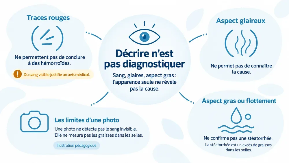 Illustration pédagogique distinguant traces rouges, aspect glaireux et aspect gras de leur interprétation médicale : décrire ne permet pas de diagnostiquer.