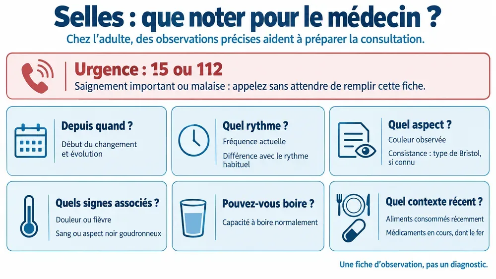Fiche des observations à transmettre au médecin : début, rythme, aspect, signes associés, capacité à boire, aliments et médicaments, avec rappel urgent du 15 ou 112.