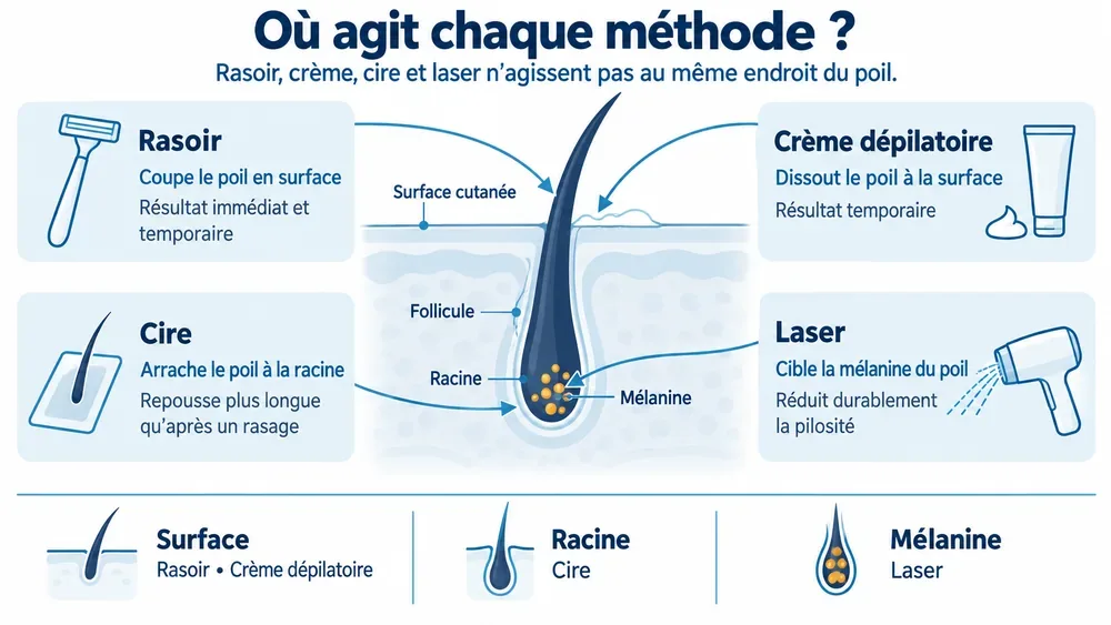 Où agit chaque méthode ? : rasoir, crème, cire et laser n’agissent pas au même endroit du poil.