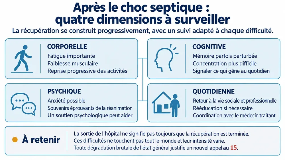 Après le choc septique : quatre dimensions à surveiller. La récupération se construit progressivement, avec un suivi adapté à chaque difficulté.