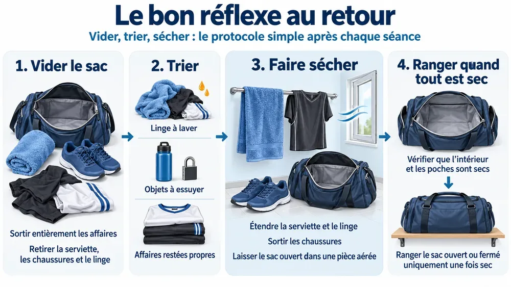 Le bon réflexe au retour. Vider, trier, sécher : le protocole simple après chaque séance
