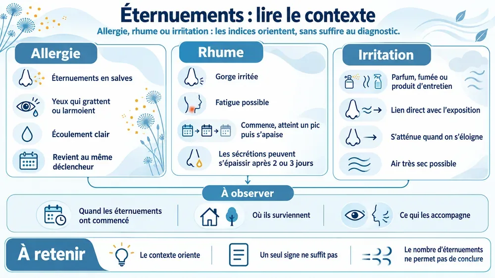 Éternuements : lire le contexte. Allergie, rhume ou irritation : les indices orientent, sans suffire au diagnostic.