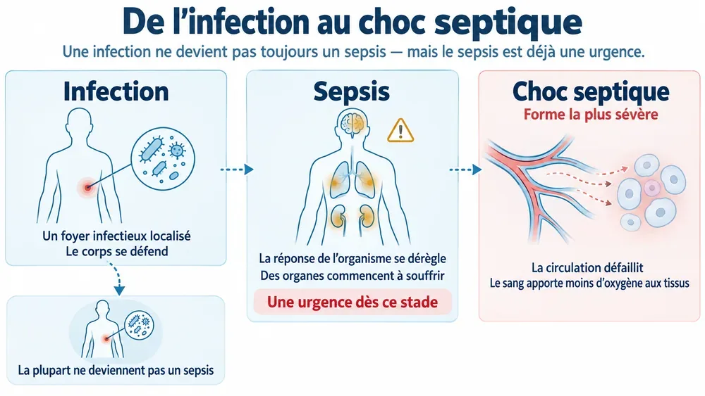 De l’infection au choc septique : une infection ne devient pas toujours un sepsis — mais le sepsis est déjà une urgence.