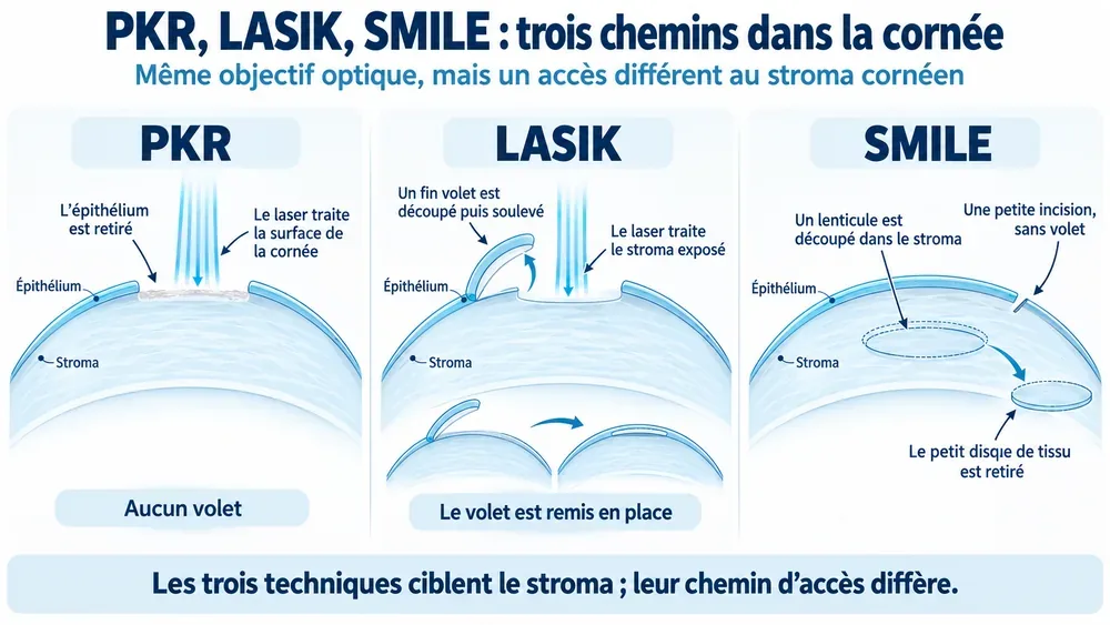 Laser yeux : trois chemins dans la cornée. Même objectif optique, mais un accès différent au stroma cornéen