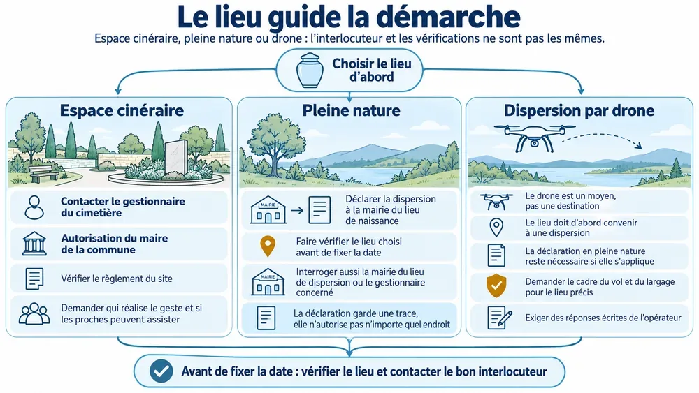 Le lieu guide la démarche. Espace cinéraire, pleine nature ou drone : l’interlocuteur et les vérifications ne sont pas les mêmes.