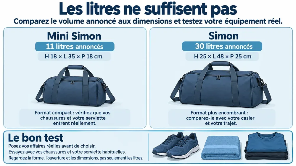 Les litres ne suffisent pas : comparez le volume annoncé aux dimensions et testez votre équipement réel.