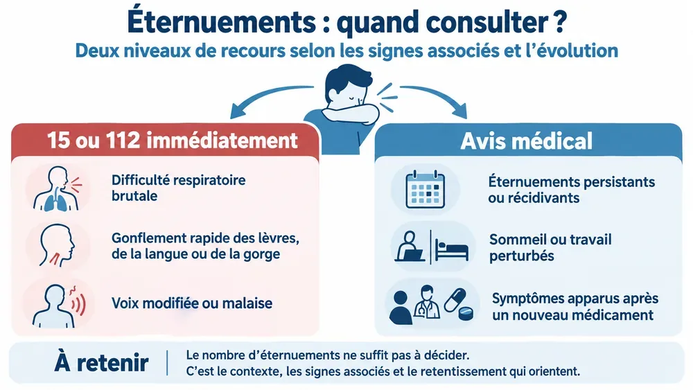 Quand demander de l’aide ? : le niveau de recours dépend des signes associés et de l’évolution, pas du nombre d’éternuements.