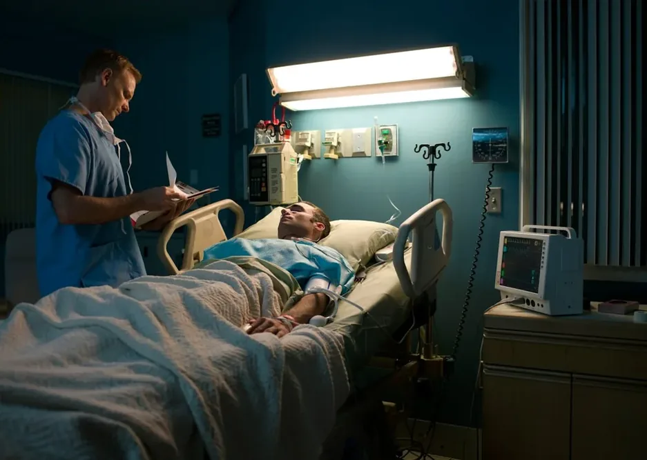 Soignant consultant un dossier auprès d’une personne allongée dans un lit médicalisé, entourée de matériel de surveillance.