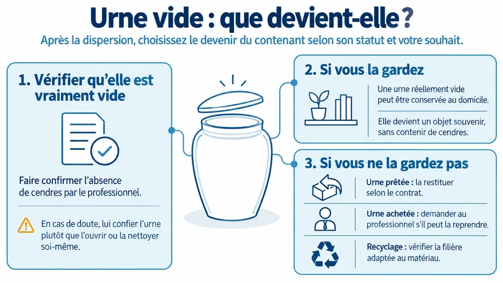 Urne vide : que devient-elle ? Après la dispersion, choisissez le devenir du contenant selon son statut et votre souhait.